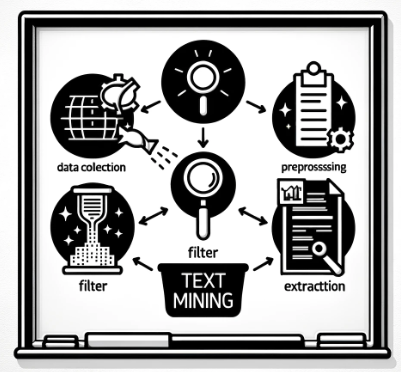 テキストマイニングの概念を示す簡略化したイラストです。テキスト前処理にはフィルターが使われ、データのクリーニングと整理を象徴。キーワード抽出には鍵が描かれ、テキストから価値ある情報を解き明かすことを表しています。